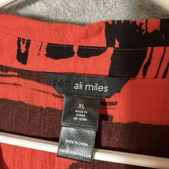 Ali Miles Tunic XL Abstract Red Black Button Artsy Lagenlook Sleeve 3/4 Top - Picture 2 of 7